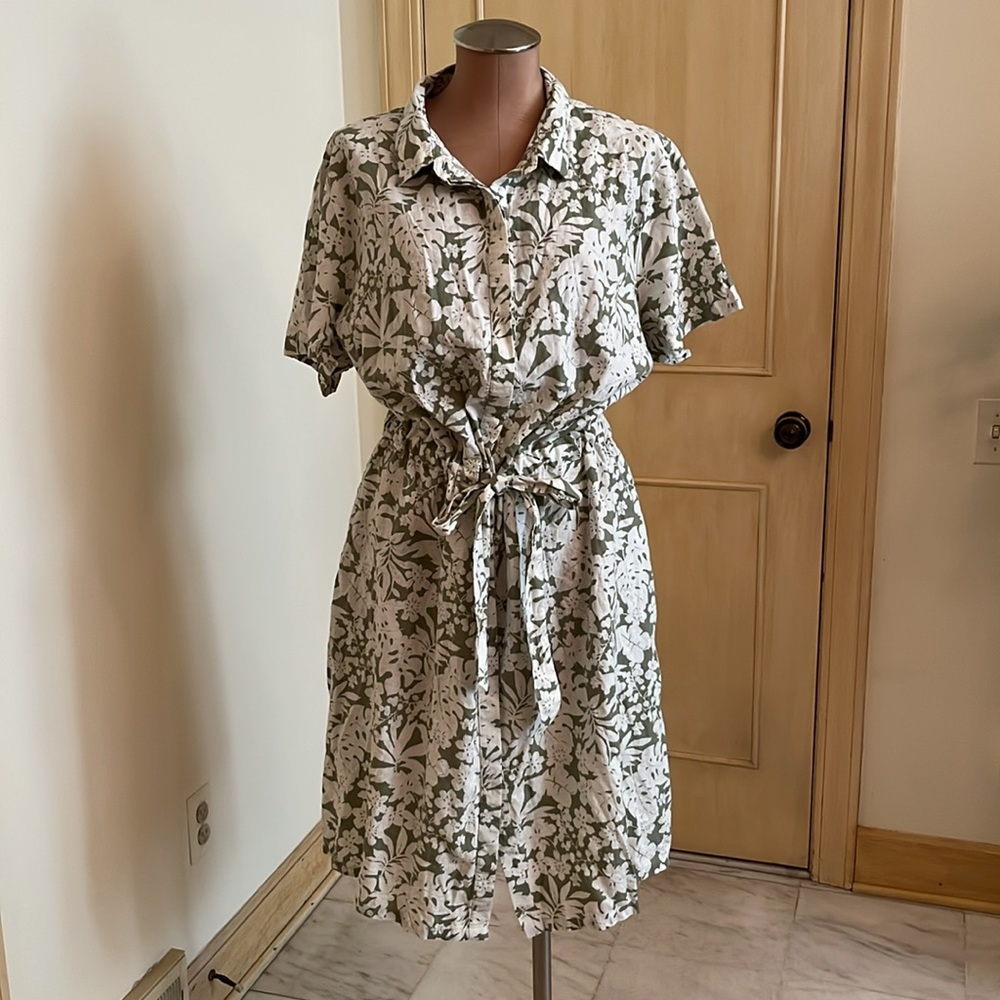 FAT FACE NWT "Caro" Summer Linen Tropical Olive/Ecru Drawstring Shirtdress 18L